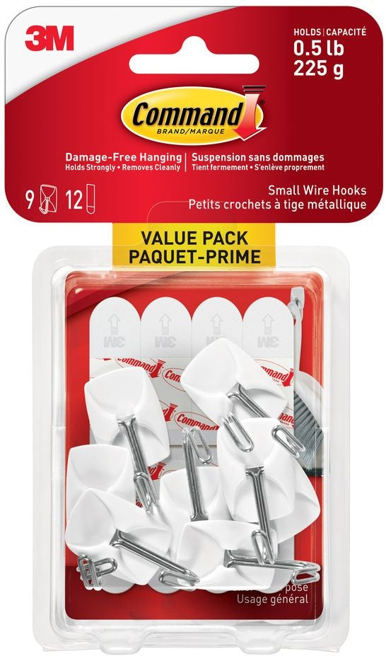 Command Small Wire Hooks Value Pack with Adhesive Strips, White, 0.5-lbs, 9 Strips per Pack B8
