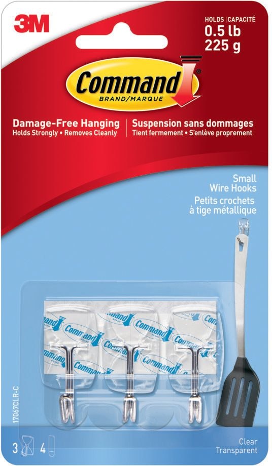Command Small Wire Hooks with Adhesive Strips, Clear, 0.5-lbs, 3 Strips per Pack L8
