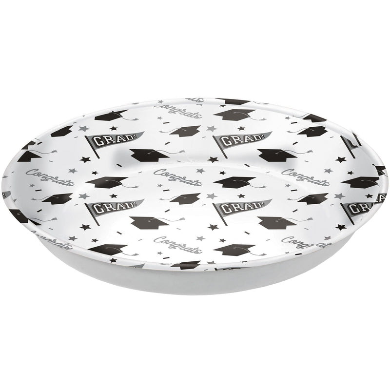 "Congrats Grad" Round Plastic Reusable Serving Bowl, White, 14-in, for Graduation J8