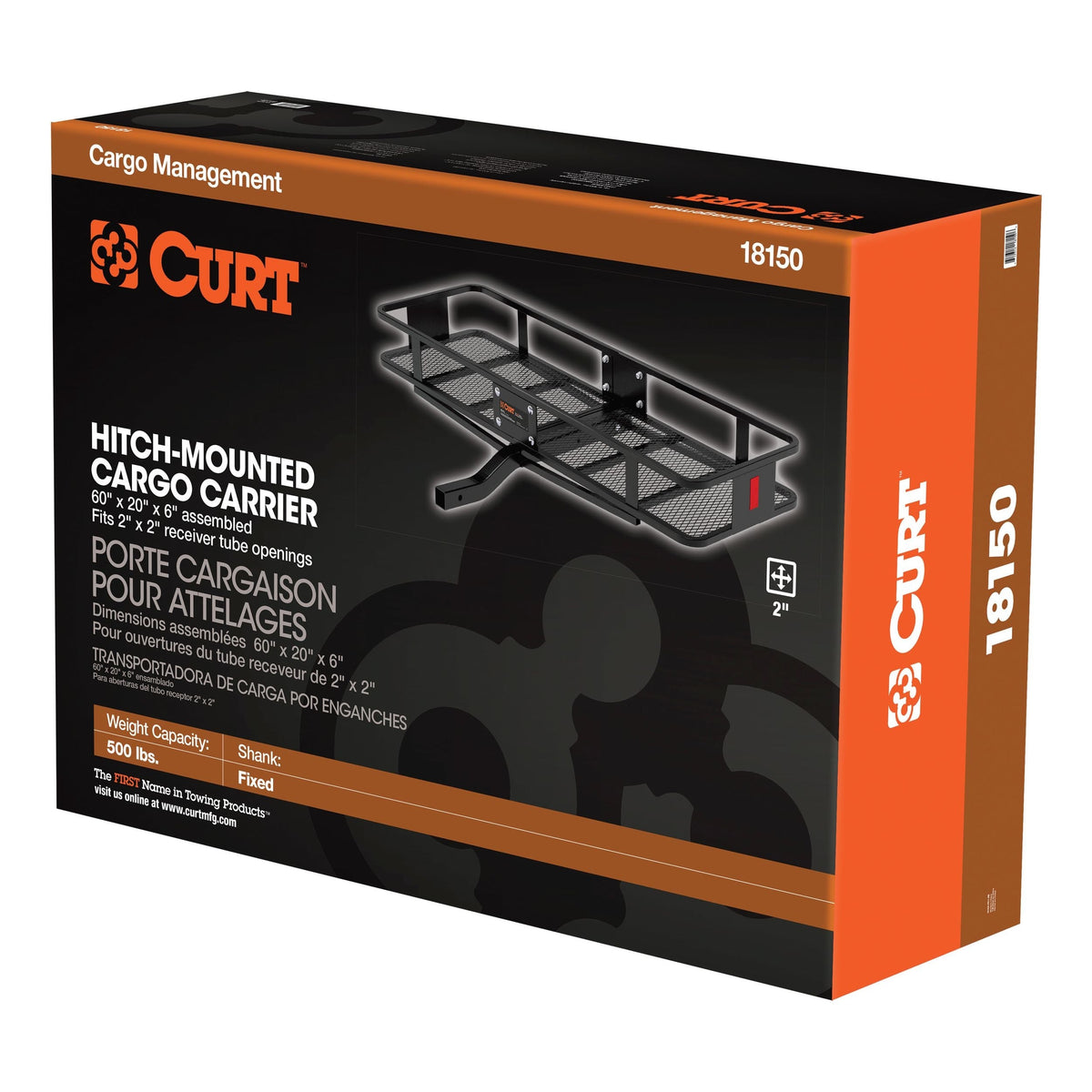 CURT 18150 60 x 20-Inch Basket Hitch Cargo Carrier, 500 lbs Capacity, Black Steel, 2-In Fixed Shank