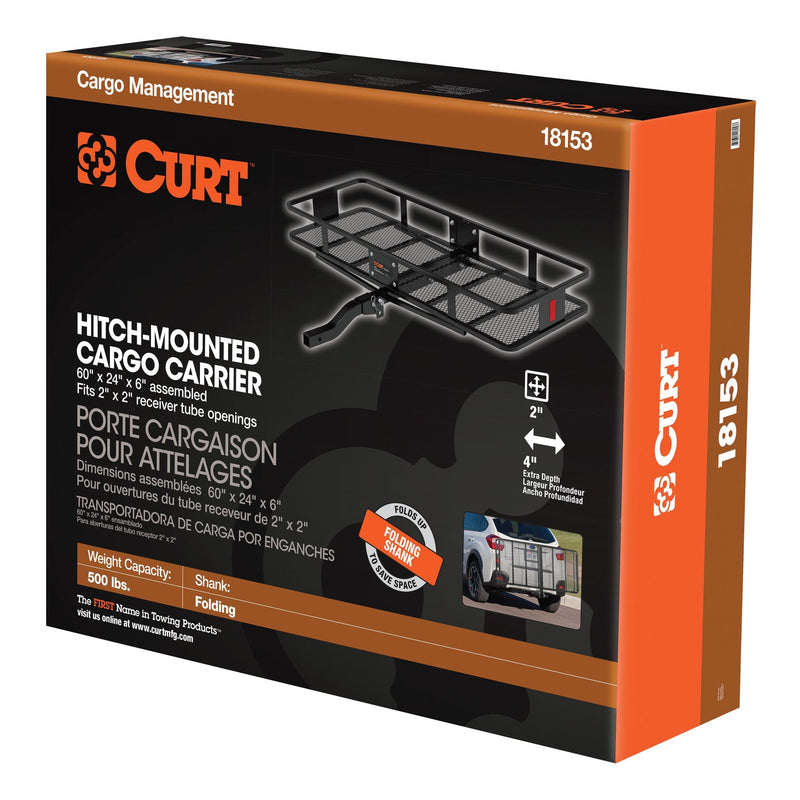 CURT 18153 60 x 24-Inch Basket Hitch Cargo Carrier, 500 lbs Capacity, Black Steel, 2-In Folding Shank W6