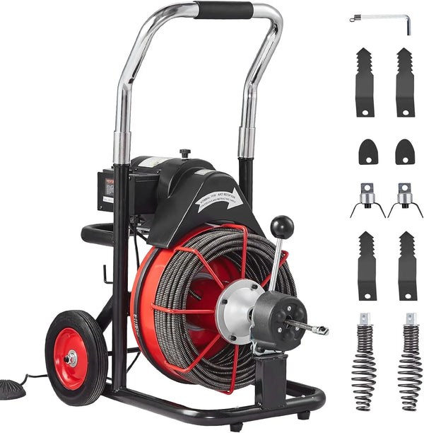 Drain Cleaner Machine 100FT x 1/2 Inch, Auto Feed Sewer Snake Auger on Wheels, 550W Portable Drain Cleaning Machine with 8 Cutters & Air-activated Foot Switch for 2" to 4" Pipes J8