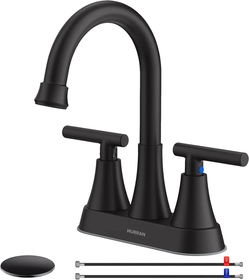 Bathroom Faucets for Sink 3 Hole, Hurran 4 inch Matte Black Bathroom Sink Faucet with Pop-up Drain C4