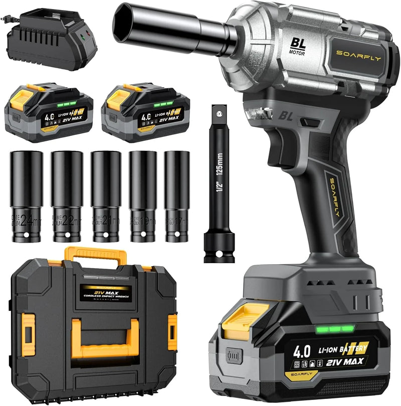 Cordless Impact Wrench, 1200Nm(900ft-lbs) High Torque 1/2'' Impact Wrench, 21V Brushless Electric Impact Gun with 2Pcs 4.0Ah Batteries, 1 Hour Fast Charger, 5 Sockets, Power Impact Driver for Car Home J5
