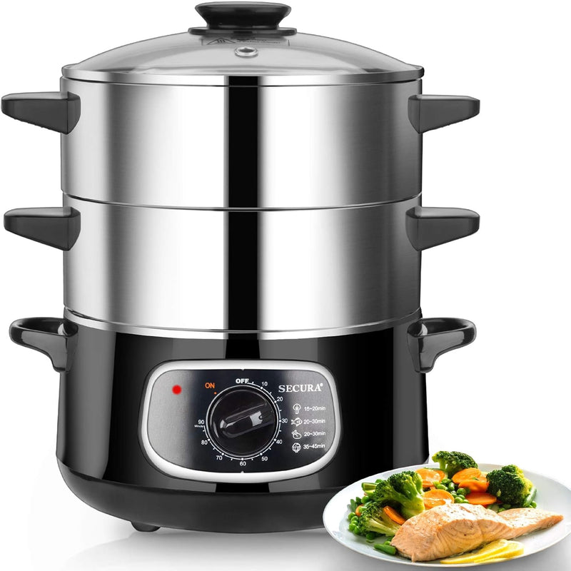 2 stainless steel food steamers, 8.5 liters capacity, electric glass-covered vegetable steamer, double-layer stackable steaming basket, with timer included K8