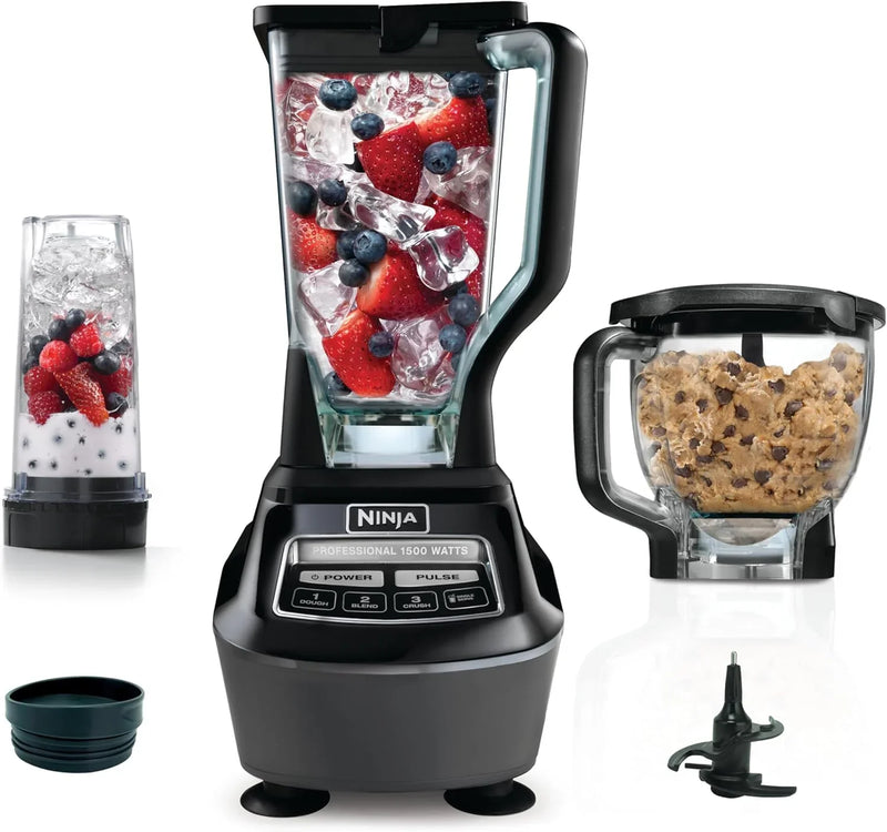 Blender, Mega Kitchen System, 1500W, 4 Functions for Smoothies, Processing, Dough, Drinks & More, with 72 Blender Pitcher, 64 Processor Bowl, 2 Nutri Cups Lids, Black, BL770 R3
