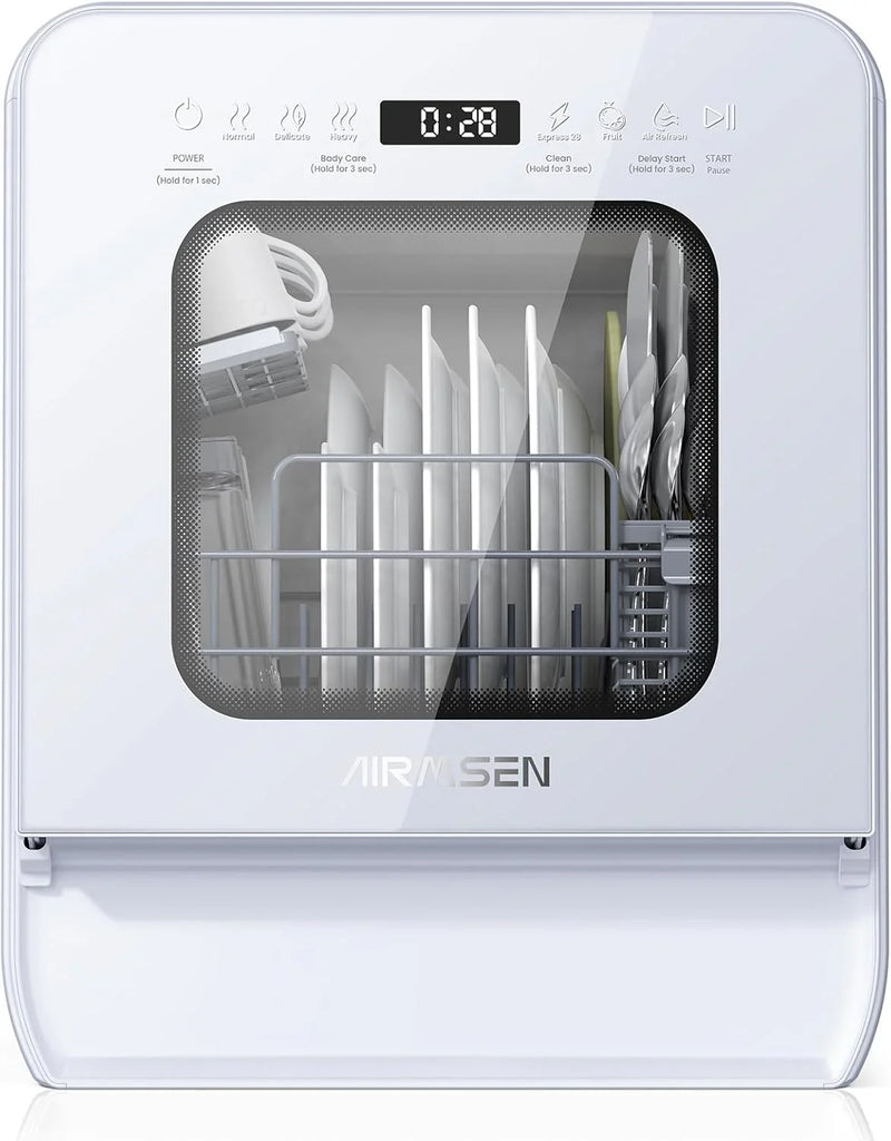 Desktop dishwasher set, double-layer shelf design, portable dishwasher, built-in 5-liter water tank, 3 spray arms, 12-hour delay start, no need to connect power supply, white model S4