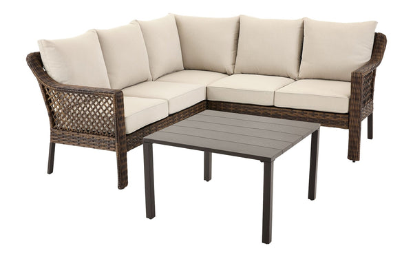 FOR LIVING Bracebridge All-Weather Wicker Outdoor Patio Sectional with Woodgrain Steel Table Top, Brown, 3-pc C5