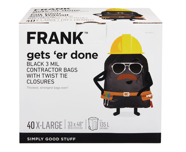 FRANK Extra-Large Twist-Tie Contractor Garbage Bags, 40-pk, Black, 135-L R3