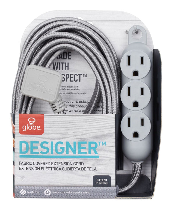 Globe 12-ft 16/3 Fabric Extension Cord, Right Angle Plug, 3 Outlets, Grey Y6
