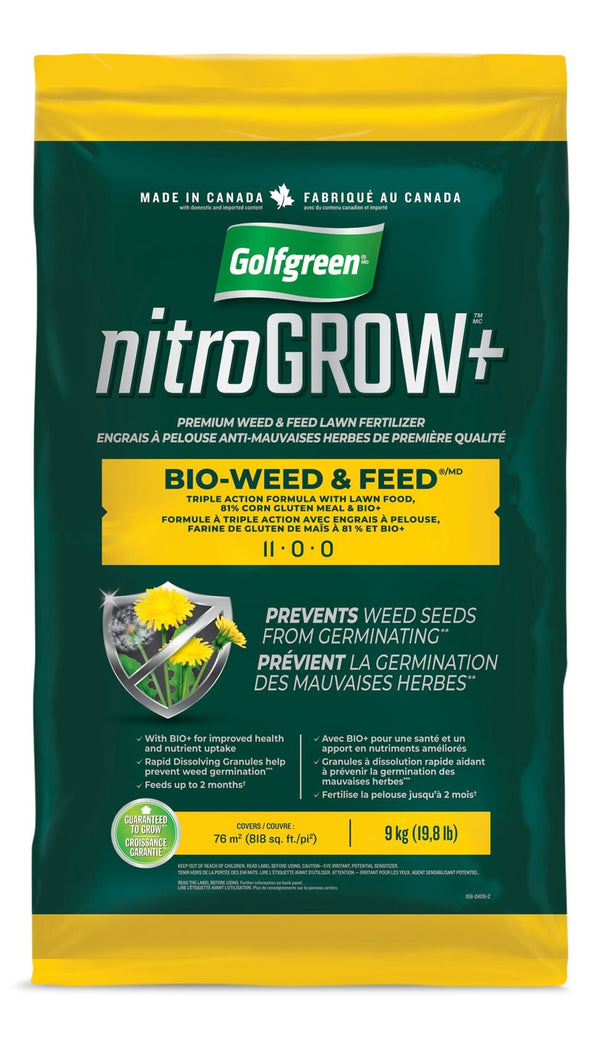 Golfgreen Nitrogrow+ Bio-Weed & Feed Lawn Fertilizer, 11-00-00, 9-kg B4