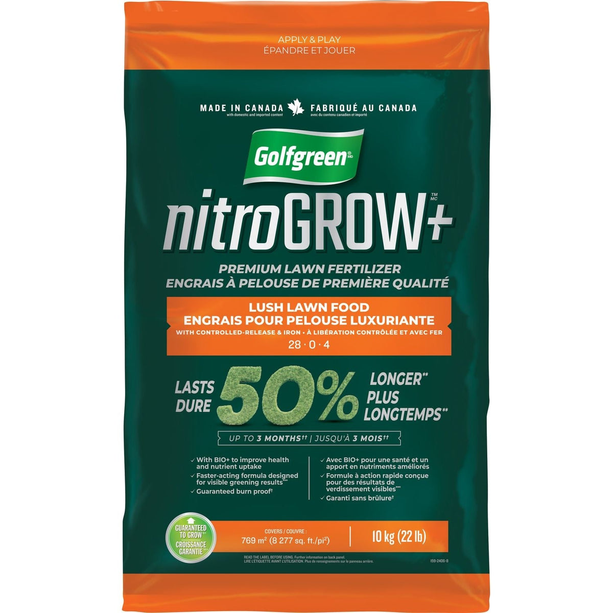 Golfgreen Nitrogrow+ Premium Nitrogen Enriched Lush Lawn Fertilizer, 28-0-4, 10kg