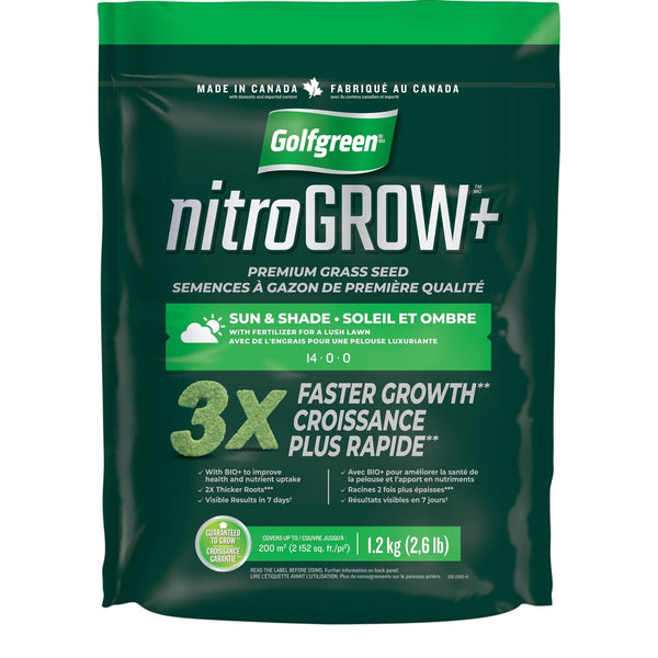 Golfgreen Nitrogrow+ Premium Nitrogen Enriched Sun and Shade Grass Seed with Fertilizer, 14-0-0, 1.2kg O7