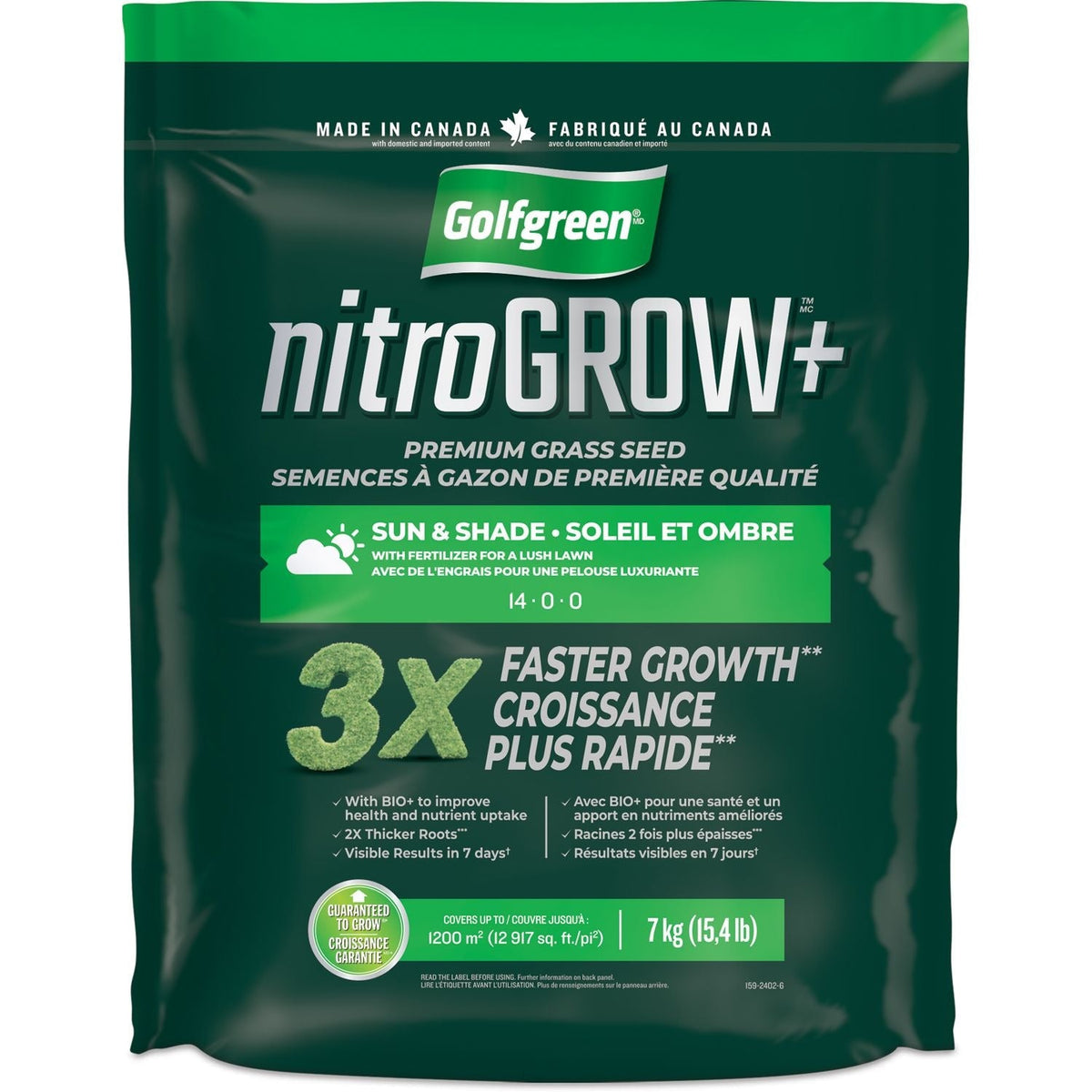Golfgreen Nitrogrow+ Premium Nitrogen Enriched Sun and Shade Grass Seed with Fertilizer, 14-0-0, 7kg