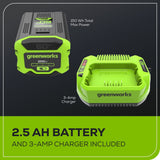 Greenworks 60V 630CFM 170MPH Leaf Blower 2.5Ah Battery 3A Charger