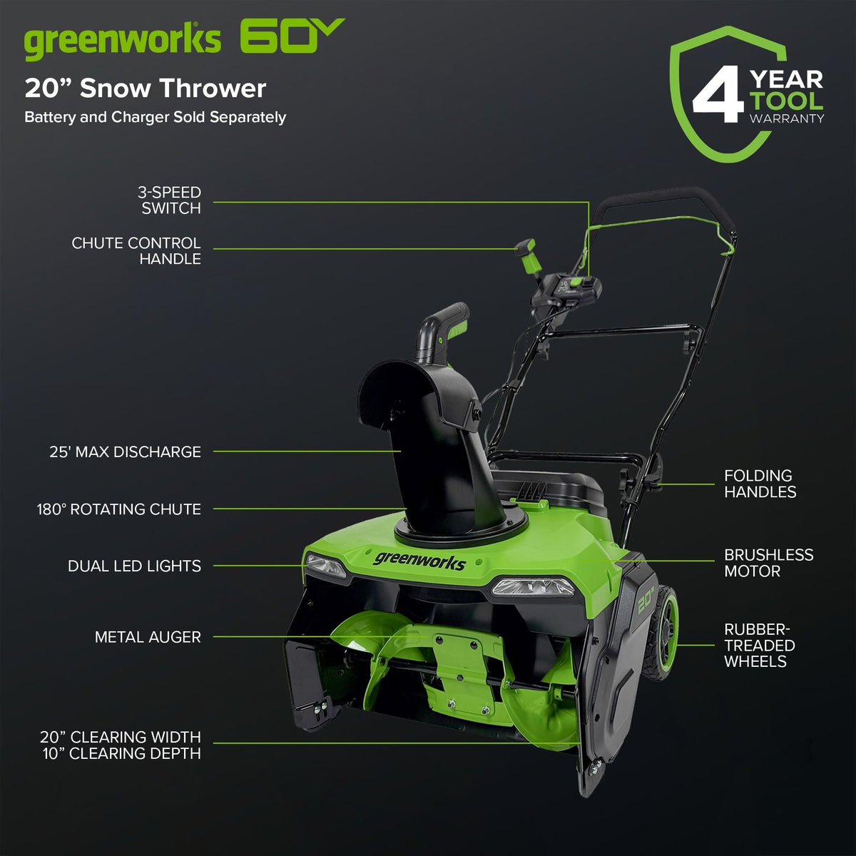 Greenworks 60V Single-Stage Snow Thrower, 20-in (Tool Only)