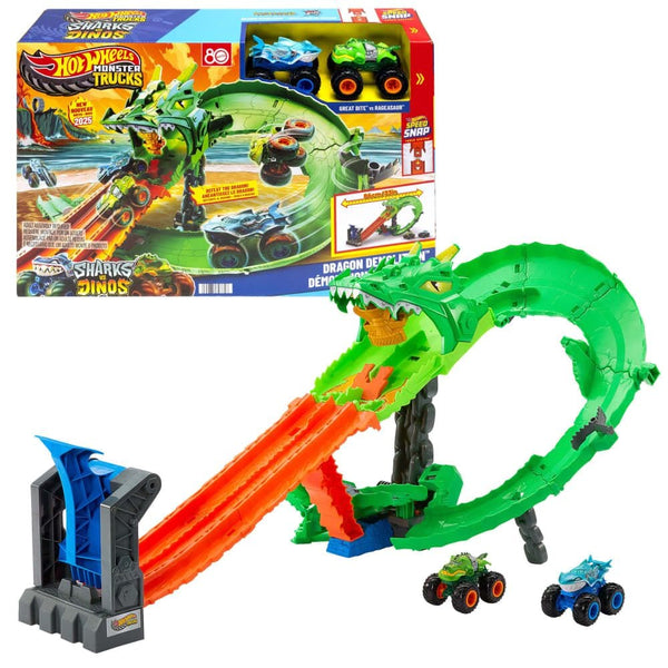 Hot Wheels Sharks vs. Dinos Dragon Destruction Playset with 2 1:64 Hot Wheels Monster Trucks P2