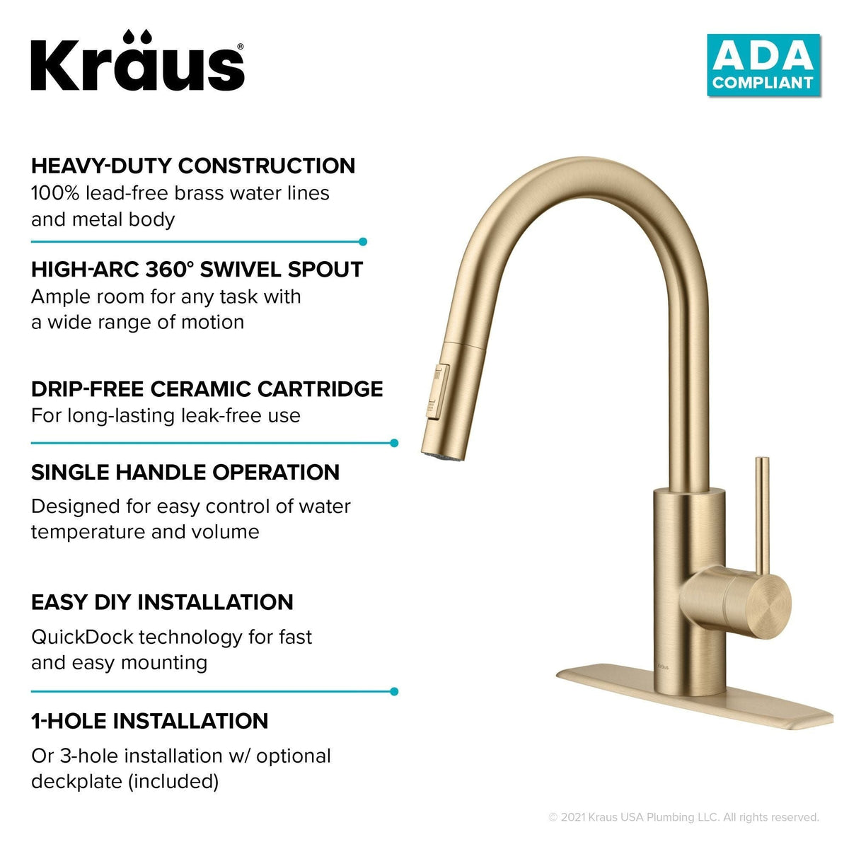Kraus Oletto Pull-Down Single Handle Kitchen Faucet with QuickDock Top Mount Installation Assembly, Spot Free Antique Champagne Bronze