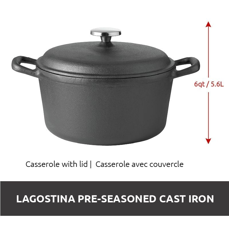Lagostina Pre-Seasoned Casserole Dish, Cast Iron, Black, 6-qt