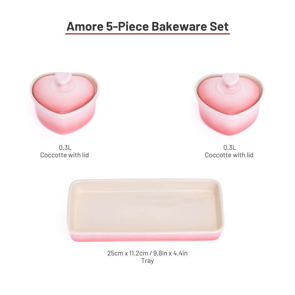 Lagostina Stoneware Heart Cocottes and Tray, Gradient Rose, 5-pc