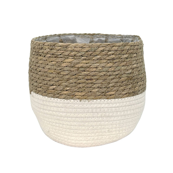 Lynne Weave Cotton Jute Round Basket Planter with Leaf-Proof Plastic Lining, 10-in G3