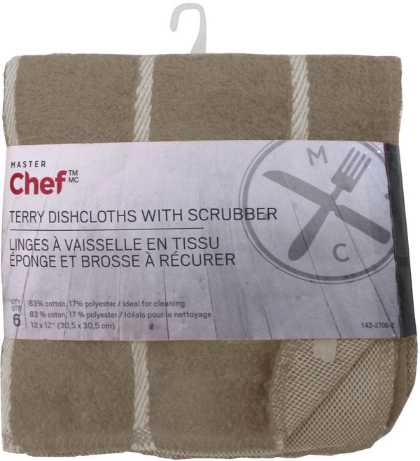 MASTER Chef Terry Cotton Checkered Dishcloths with Scrubber, 12-in x 12-in, 6-pk, Brown V0