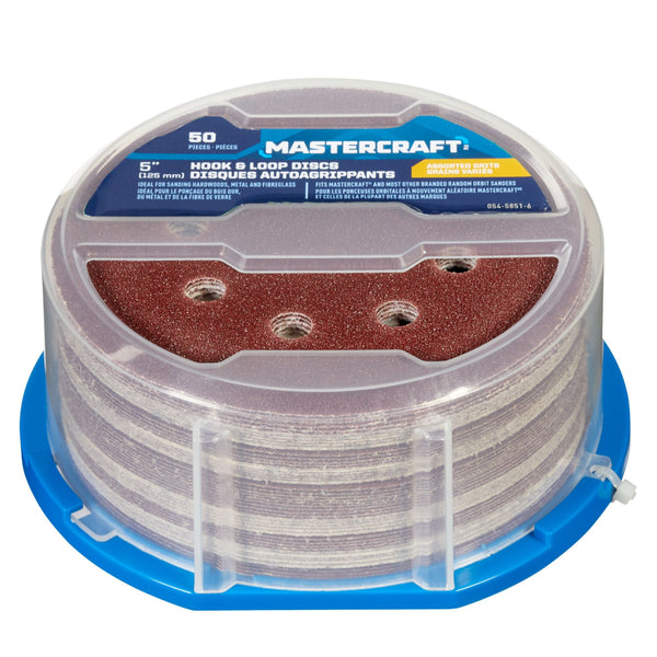 Mastercraft 5-in Assorted Grit Hook & Loop Aluminum Oxide 8-Hole Sanding Disc Set for Wood, Metal, 50-pc Y6