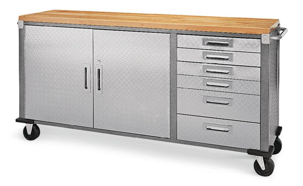 Mastercraft 72" Diamond Series 2-Door, 6-Drawer Wooden Top Work Station with Wheels, 72 x 21-5/8 x 37-1/2-in Y1