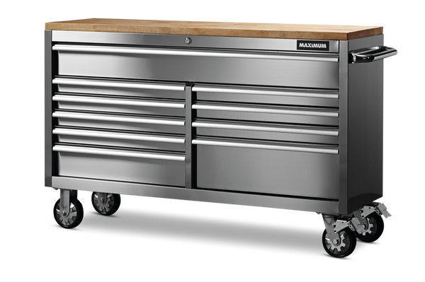 MAXIMUM Butcher Block Top Rolling Tool Storage Cabinet with 10 Drawers, Stainless Steel, 56-in S6
