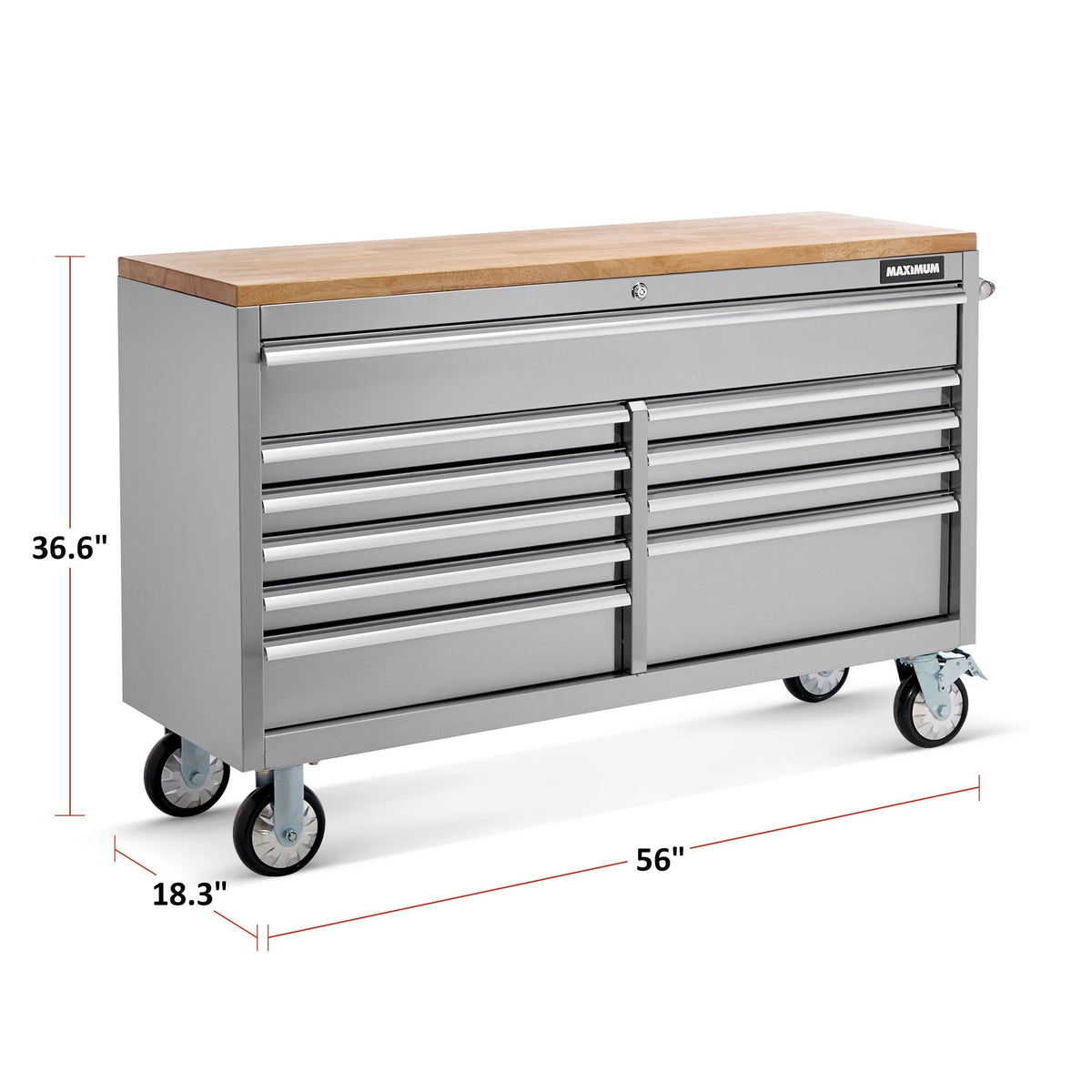 MAXIMUM Butcher Block Top Rolling Tool Storage Cabinet with 10 Drawers, Stainless Steel, 56-in