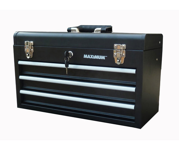 MAXIMUM Portable Metal Tool Box with 3 Drawers, Black, 21-in T0