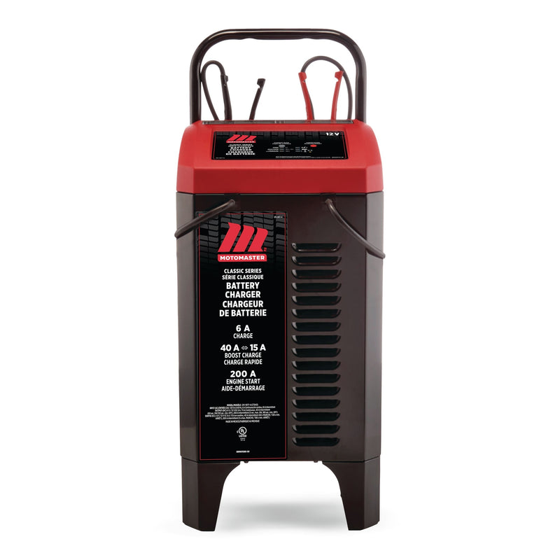 MotoMaster Classic Series Wheeled Smart Battery Charger, Fully Automatic, 40/15/6-Amp, 12V, with 200-Amp Engine Start J4