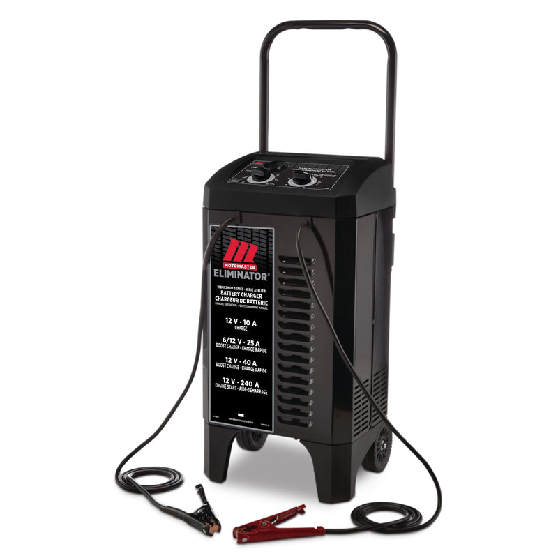 MotoMaster Eliminator Workshop Series Wheeled Battery Charger, Manually-Operated, 40/25/10-Amp, 6 & 12V, with 240-Amp Engine Start D5