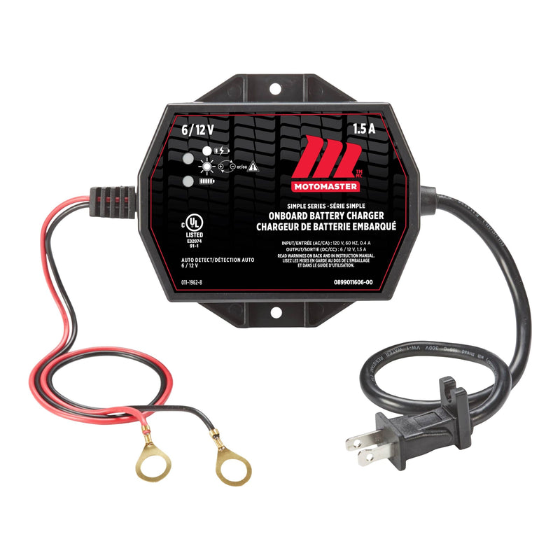 MotoMaster Simple Series Onboard Smart Battery Charger and Maintainer, Fully Automatic, 1.5-Amp, 6V/12V H8