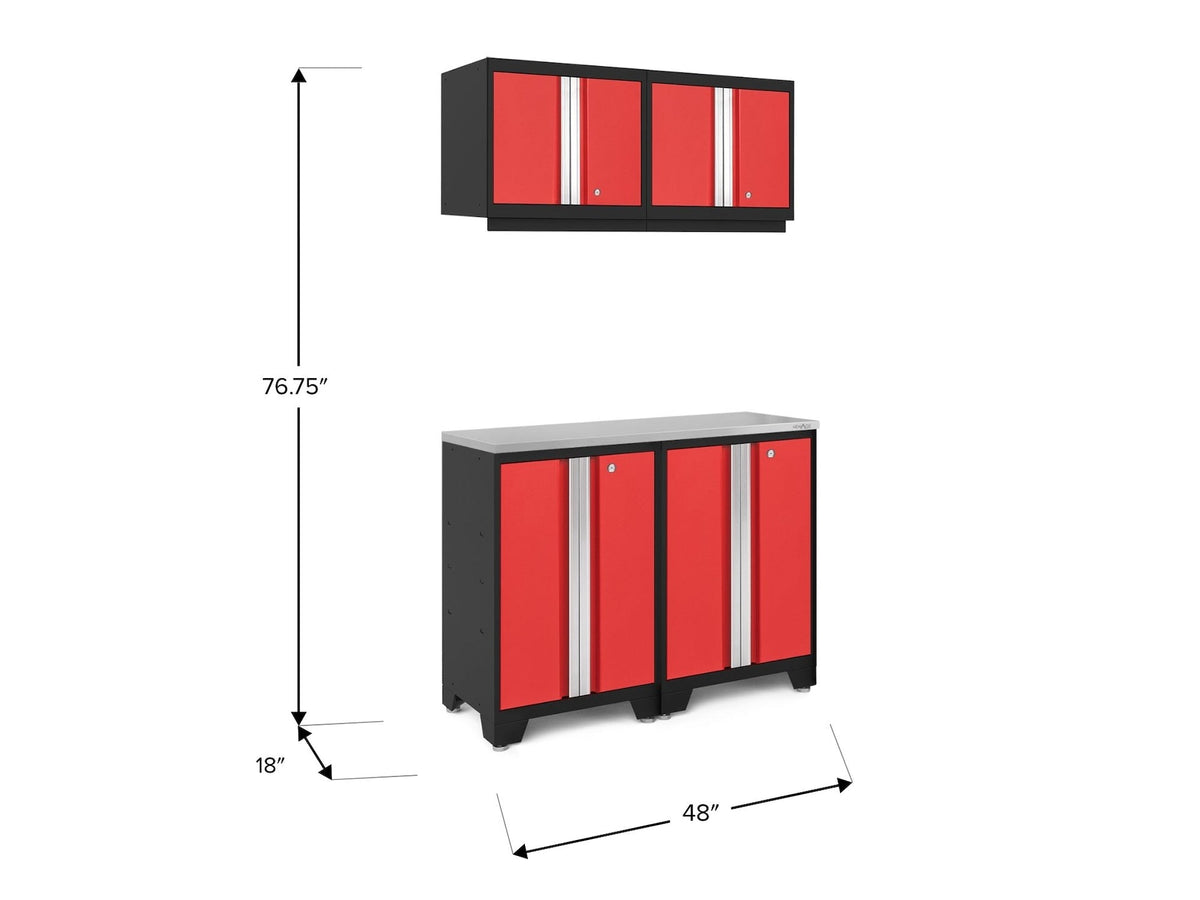 NewAge Bold 3.0 Series All-in-One Lockable Steel Garage Cabinetry Set with Stainless Steel Top, Black/Red, 48-in x 18-in x 76.75-in, 5-pc