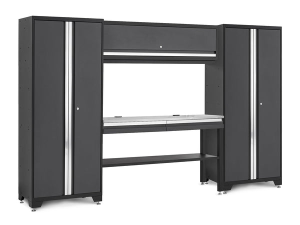 NewAge Bold 3.0 Series Lockable Steel Garage Cabinetry Set with Stainless Steel Top, Grey, 120-in x 18-in x 72-in, 5-pc H8