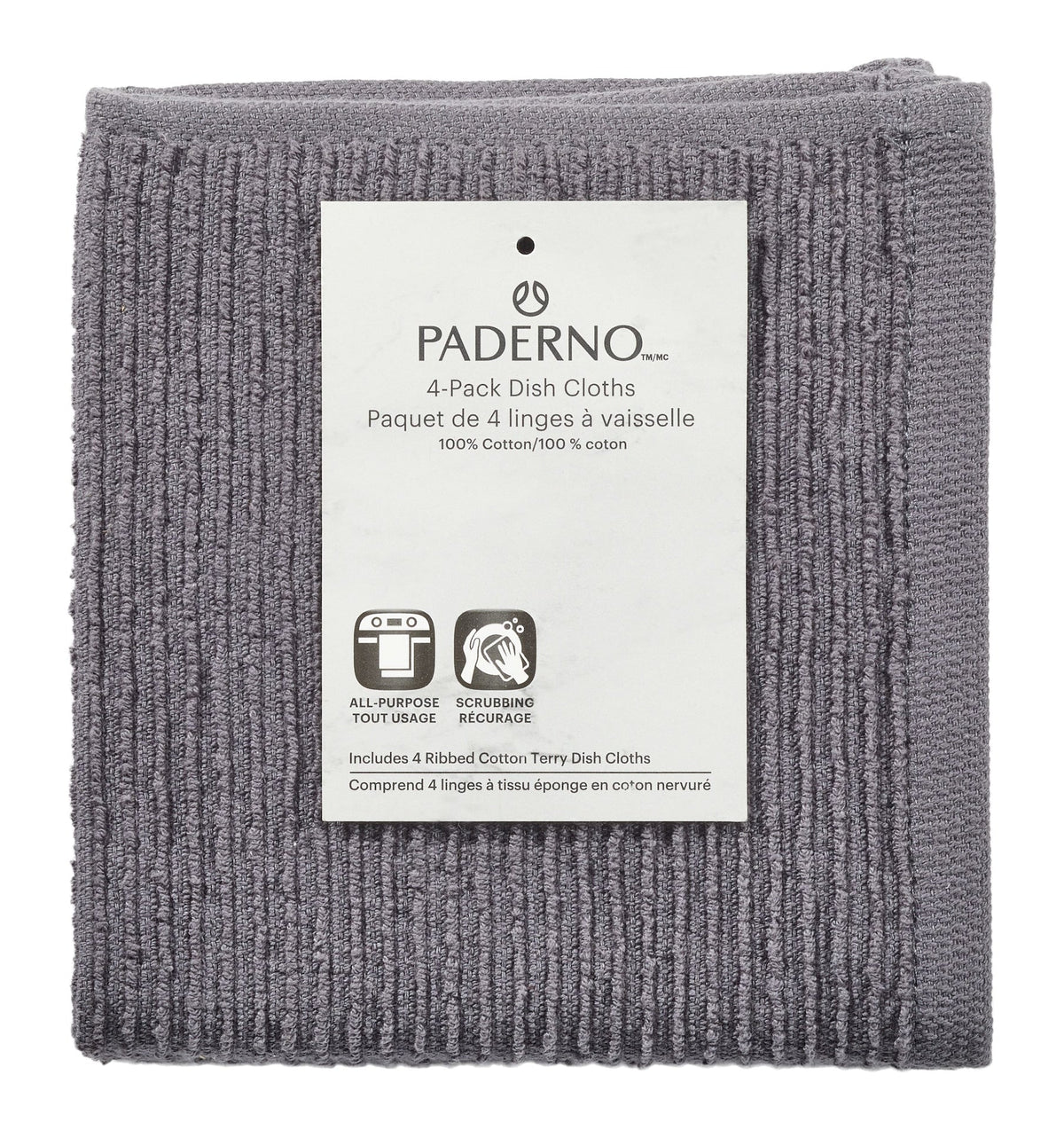 PADERNO Ribbed Cotton Terry Square Dish Cloths, Charcoal, 4-pk