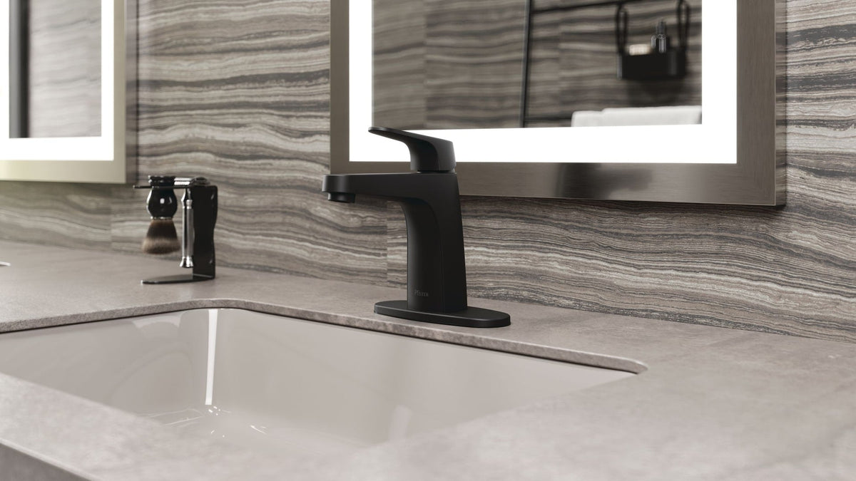 Pfister Matlock Single Handle High Arc Single Hole 4-in Centreset Bathroom Sink Faucet, Push & Seal Drain, Matte Black