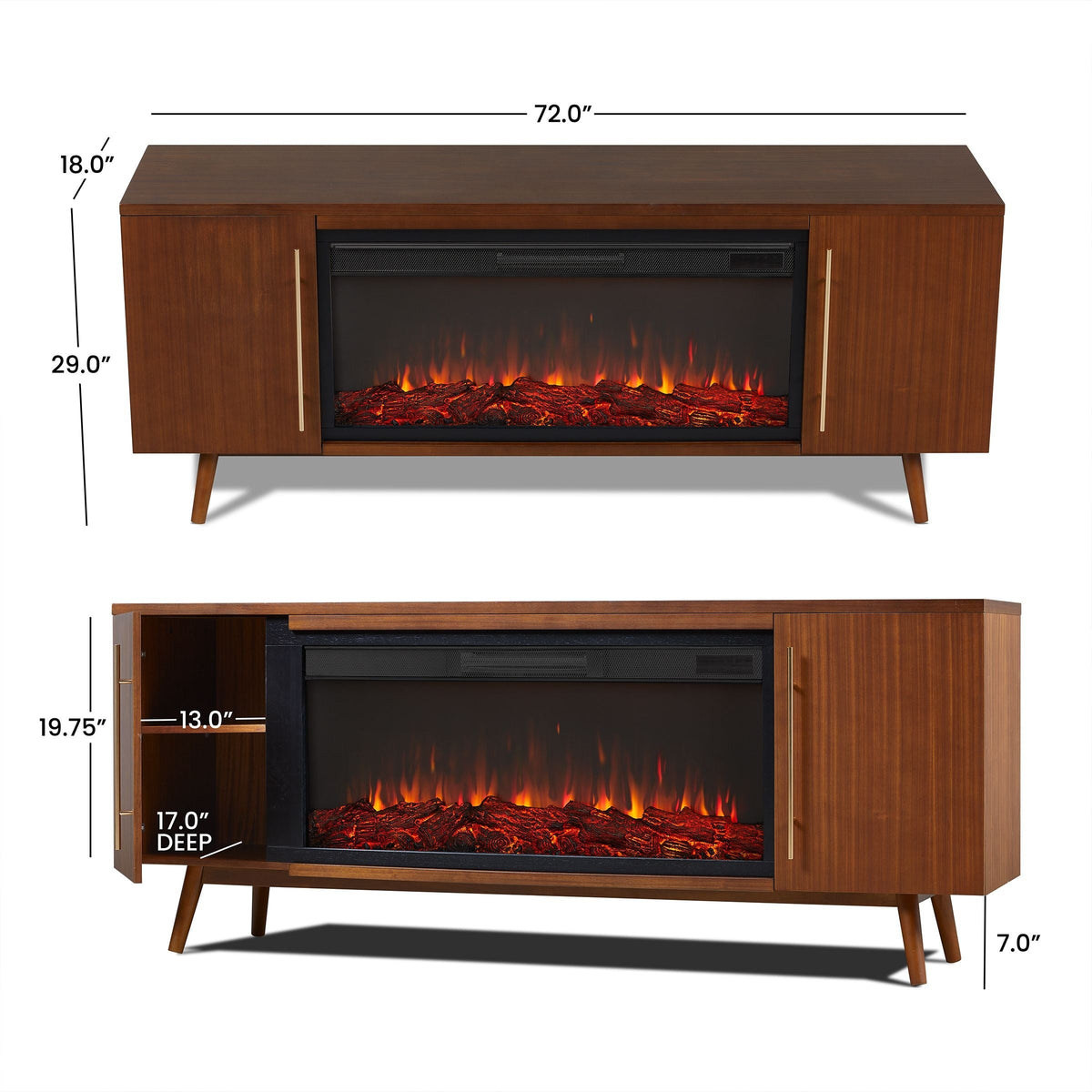 Real Flame Morris Media Indoor Electric Fireplace TV Stand, 72-in, 1500W, Includes Remote Control & Firebox, Vintage Black Maple