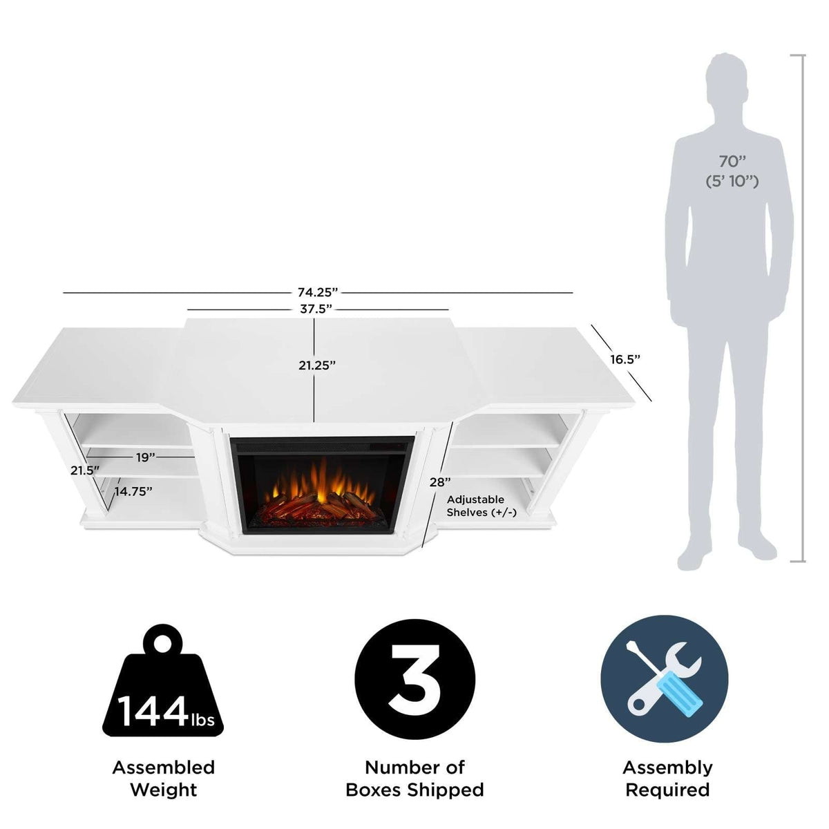 Real Flame Valmont Media Indoor Electric Fireplace TV Stand, 74-in, 1500W, Includes Remote Control & Firebox, White