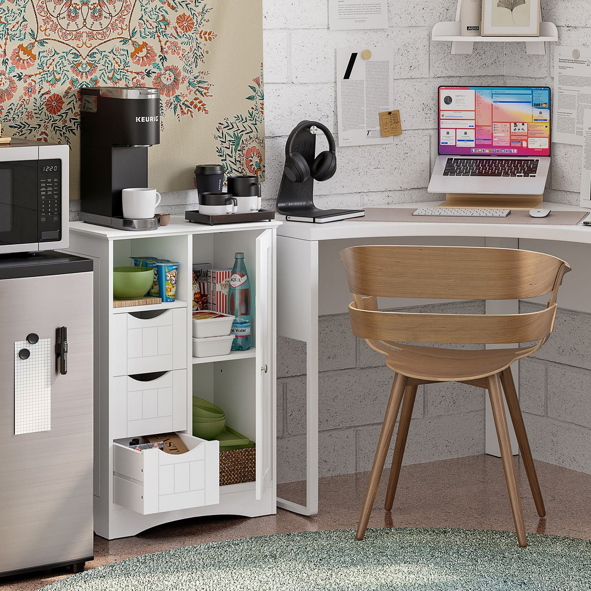 RiverRidge Home Ashland Single Door Bathroom & Laundry Storage Cabinet with 3 Drawers, Open Cubby & Adjustable Shelf, White