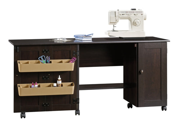 Sauder Folding Sewing & Craft Table/Storage Cart with Locking Wheels, Cinnamon Cherry Finish H2