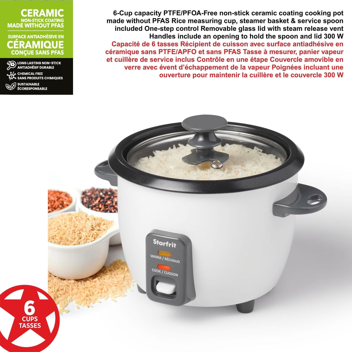 Starfrit 300W 6-Cup White Rice Cooker with Steam Basket