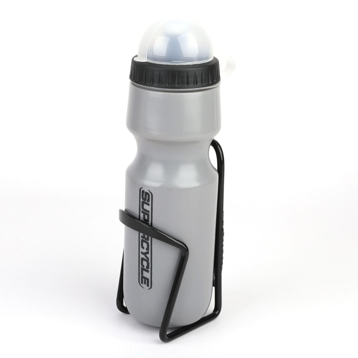 Supercycle Wide Mouth Self-Sealing Bike Water Bottle withCage/Holder, BPA Free, Silver, 21-oz