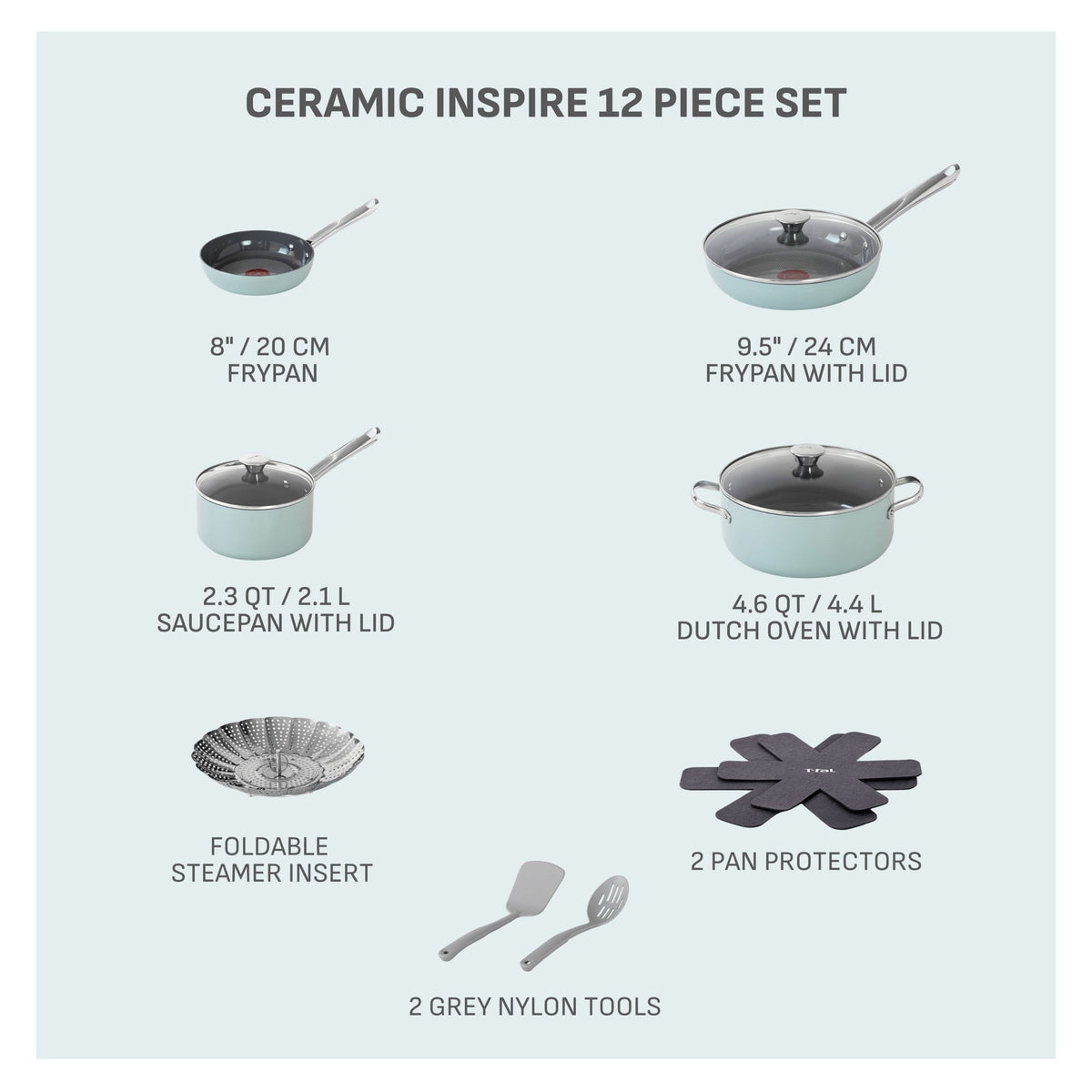 T-Fal Ceramic Inspire Non-Stick Cookware Set, Dishwasher & Oven Safe, Mint, 12-pc