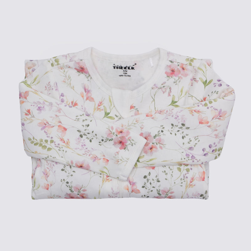 The Elk Baby Floral Print Premium Organic Cotton Play and Grow Rib Foot Zippy, Various Sizes V6