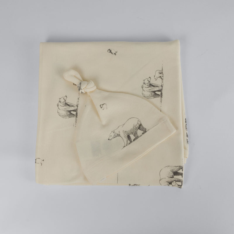 The Elk Baby Polar Bear Print Premium Organic Cotton Blanket and Beanie Set G1