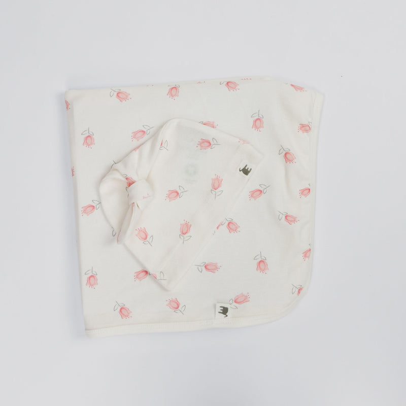 The Elk Baby Tulip Print Premium Organic Cotton Blanket and Beanie Set Y4