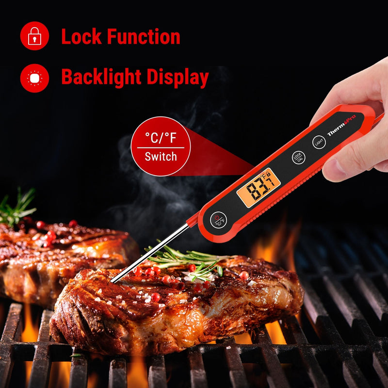 ThermoPro Waterproof Digital Instant-Read Folding Meat Thermometer with Swivel Probe, Black/Red J8