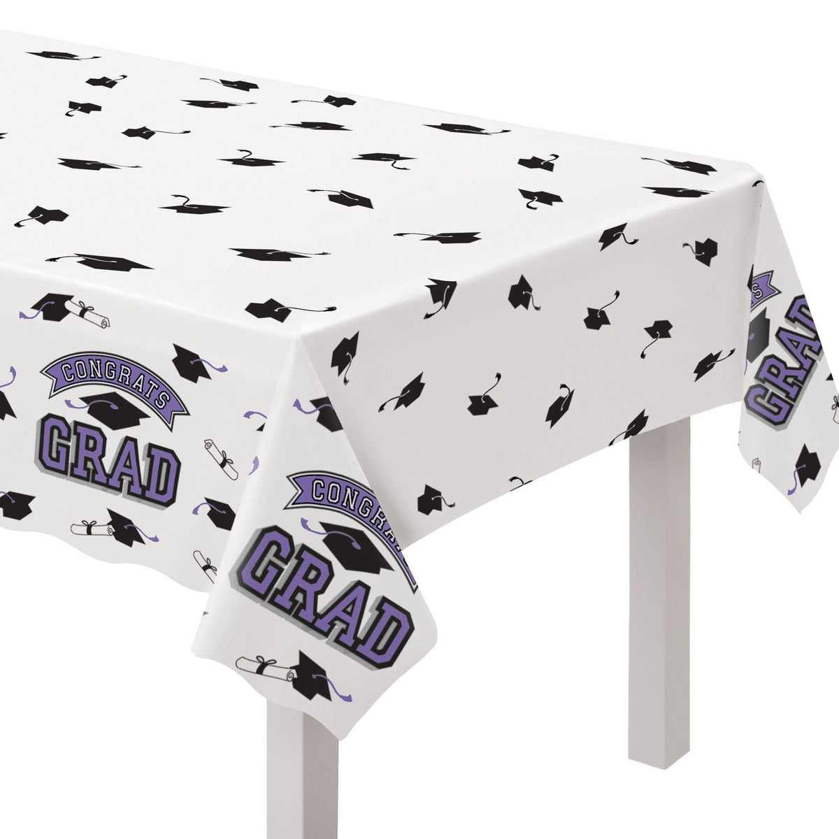 True to Your School "Congrats Grad" Rectangle Plastic Reusable Table Cover, Purple, 54x84-in, for Graduation